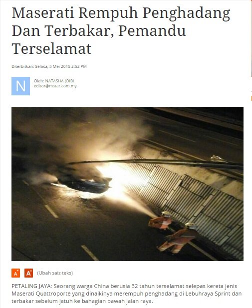 Maserati Terbakar akibat merempuh penghalang jalan raya