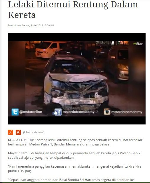 Lelaki Rentung di dalam kereta pada 5 Mei 2015 di KL