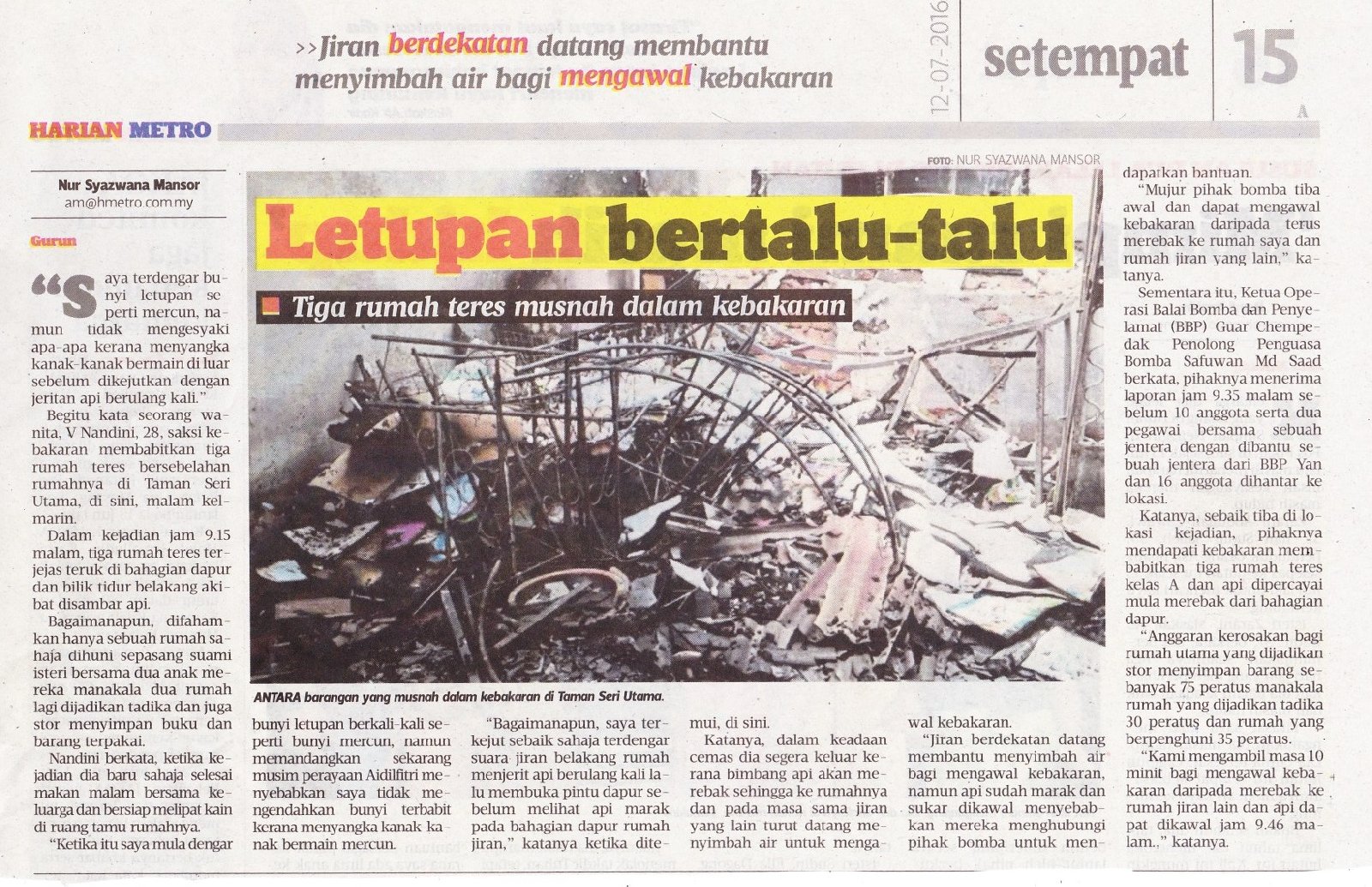 LETUPAN BERTALU-TALU 3 RUMAH MUSNAH