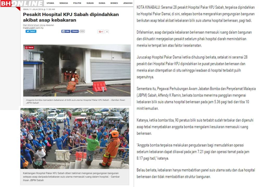 KES KEBAKARAN BERLAKU DI KPJ SABAH