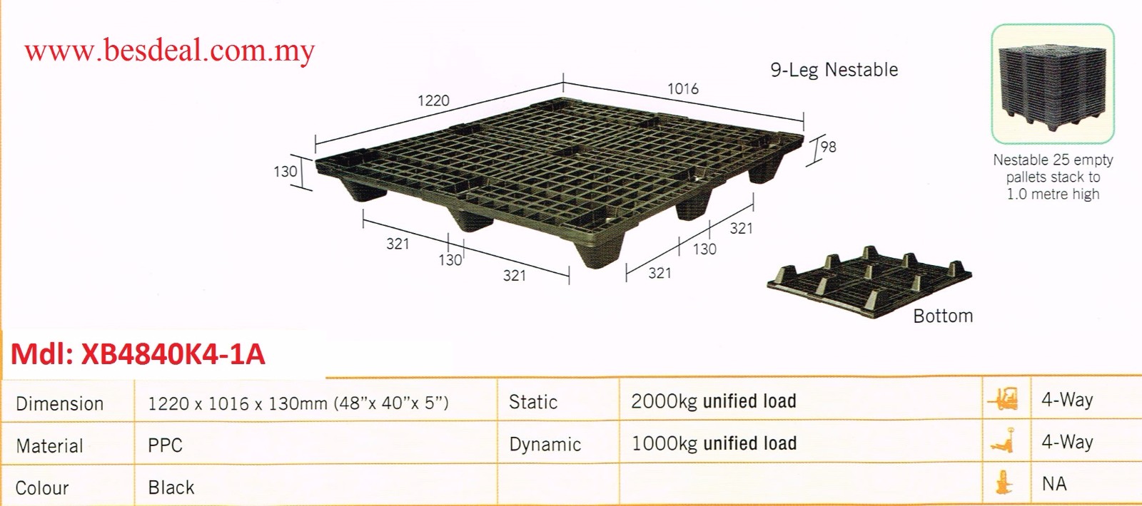 Plastic Pallet Nestable Size 1220*1016*130mmH