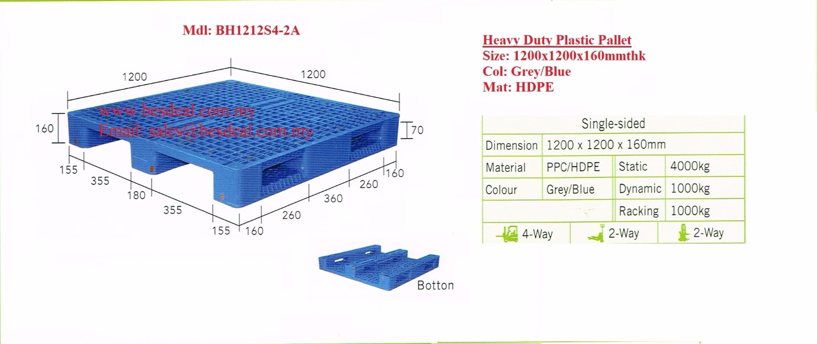 Heavy Duty Plastic Pallet Size 1200*1200*160mmH