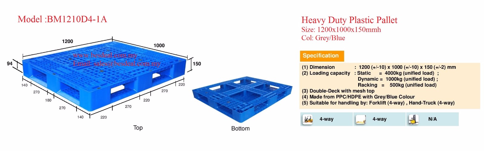 Heavy Duty Plastic Pallet Size 1200*1000*150mmH