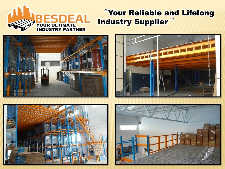 Mezzanine floor supported by racking system Mezzanine floor supported by racking system