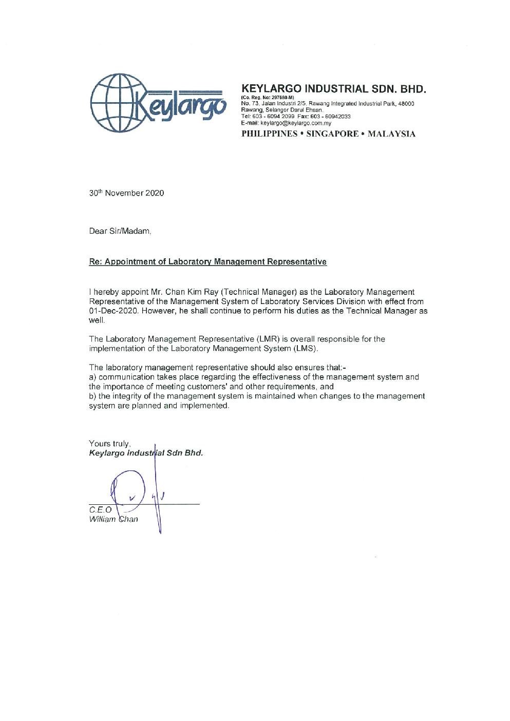 Appointment of Laboratory Management Representative