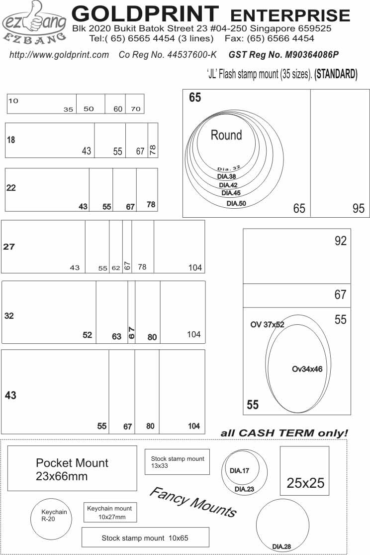 JL Stamp Mounts Size Chart