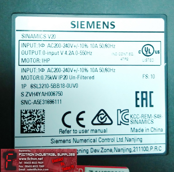 6SL3210-5BB18-0UV0 6SL32105BB180UV0 SIEMENS SINAMICS V20 Inverter REPAIR IN MALAYSIA 1-YEAR WARRANTY