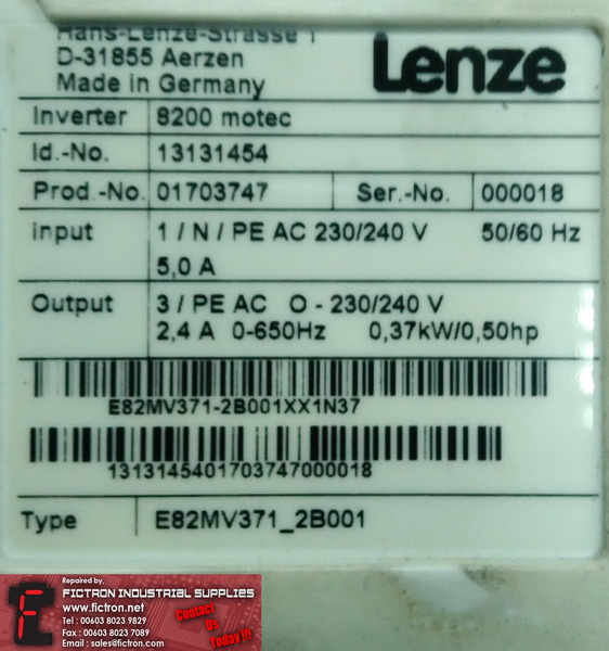 E82MV371_2B001 E82MV3712B001 13131454 LENZE AC Drive Inverter REPAIR IN MALAYSIA 1-YEAR WARRANTY