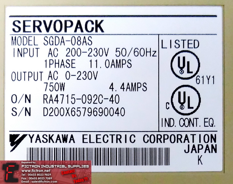 SGDA-08AS SGDA08AS YASKAWA SERVOPACK 750W AC Servo Drive REPAIR IN MALAYSIA 1-YEAR WARRANTY