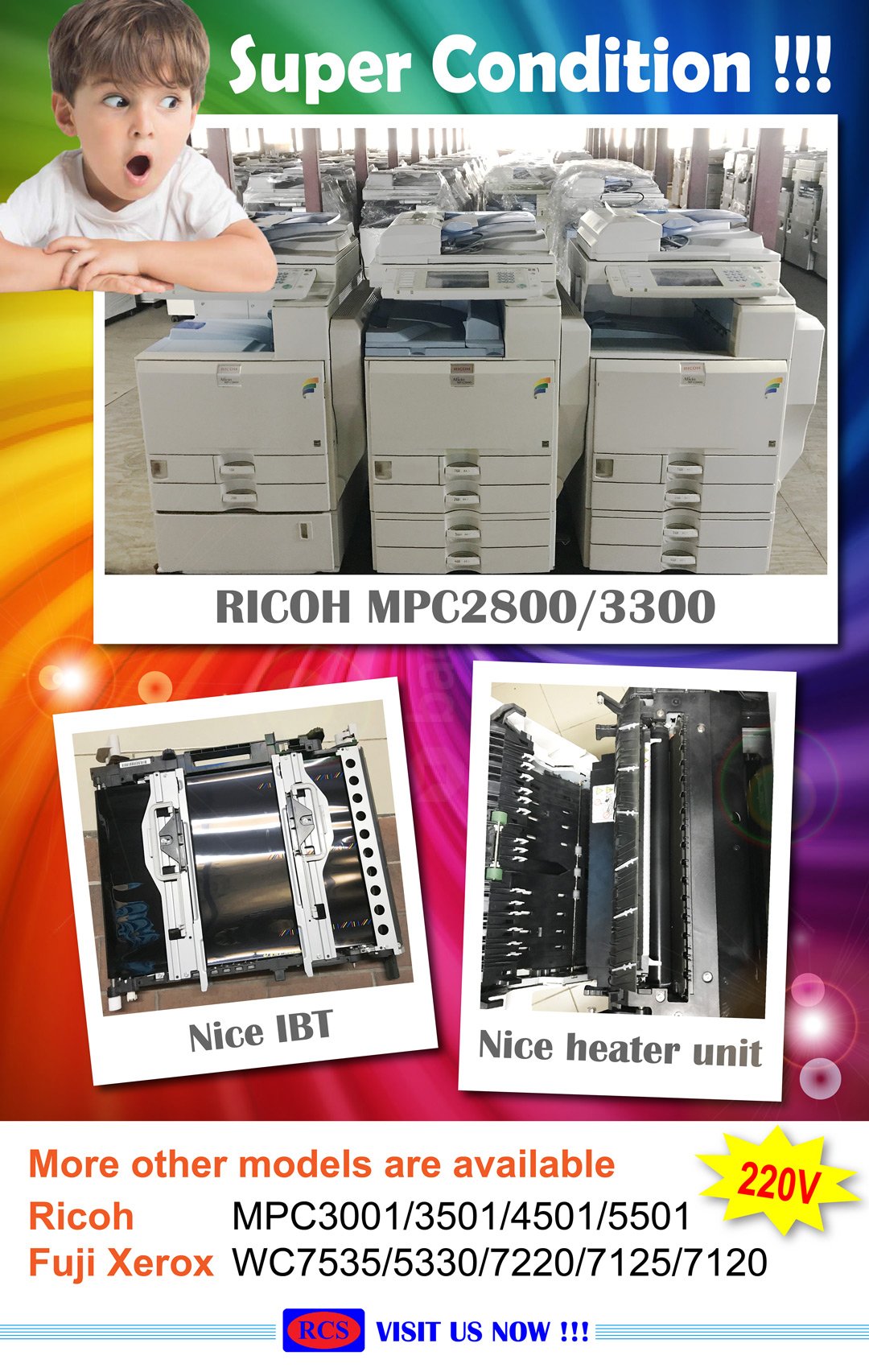 RICOH MPC2800/3300 NOW IN STOCK! FUJI XEROX/CANON/MINOLTA 220V RECONDITIONED COPIER WHOLESALE