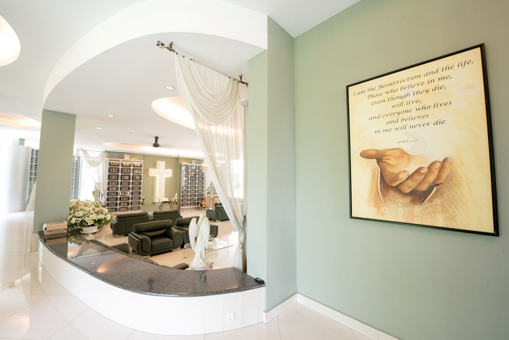Indoor columbarium hall with warm lighting and calm atmosphere