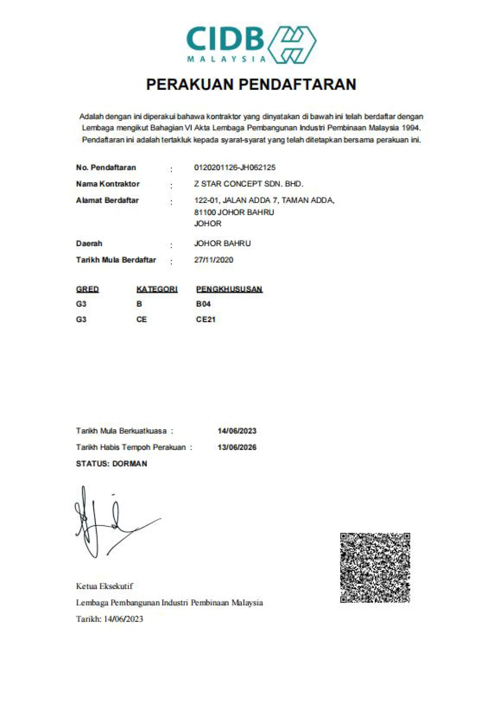 Z Star CIDB Certificate