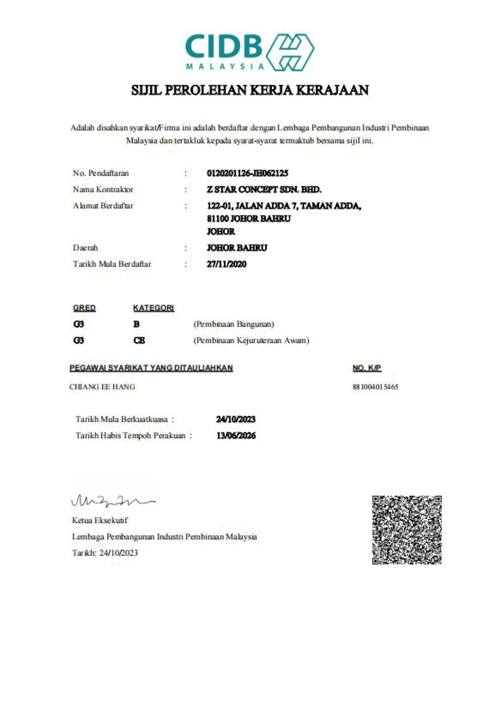 Z Star CIDB Registration Proof