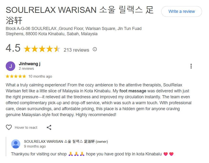 Soul Relax Google review customer feedback 1