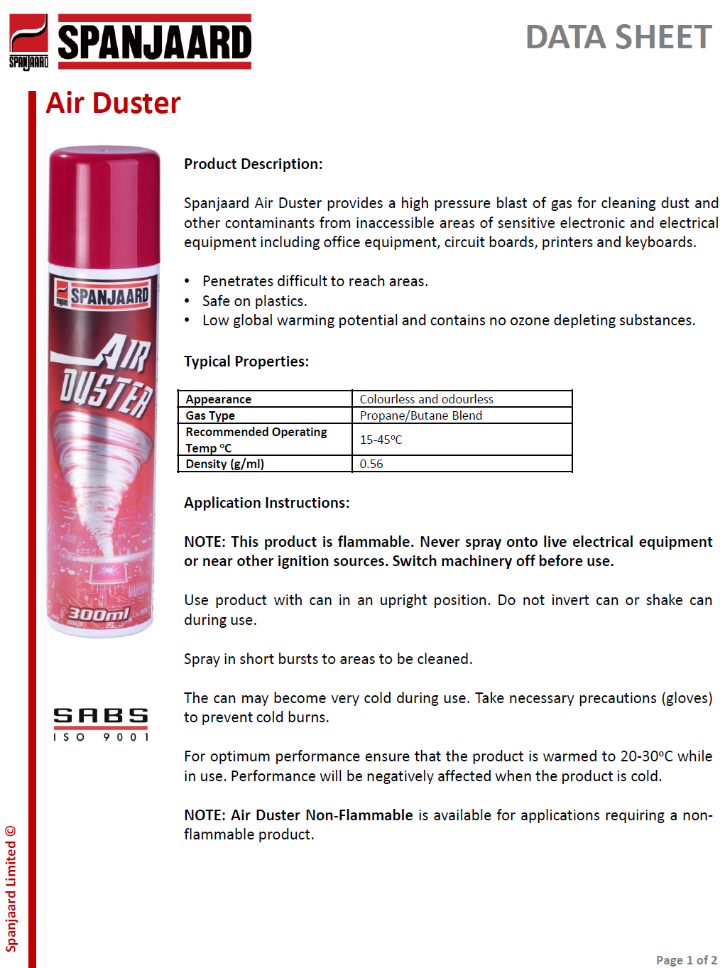 technical data sheet of air duster