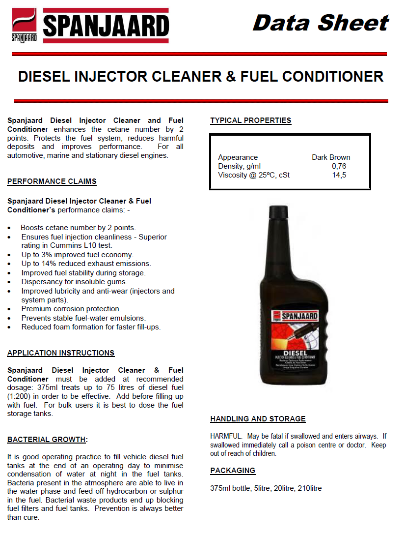 technical data sheet of diesel injector cleaner