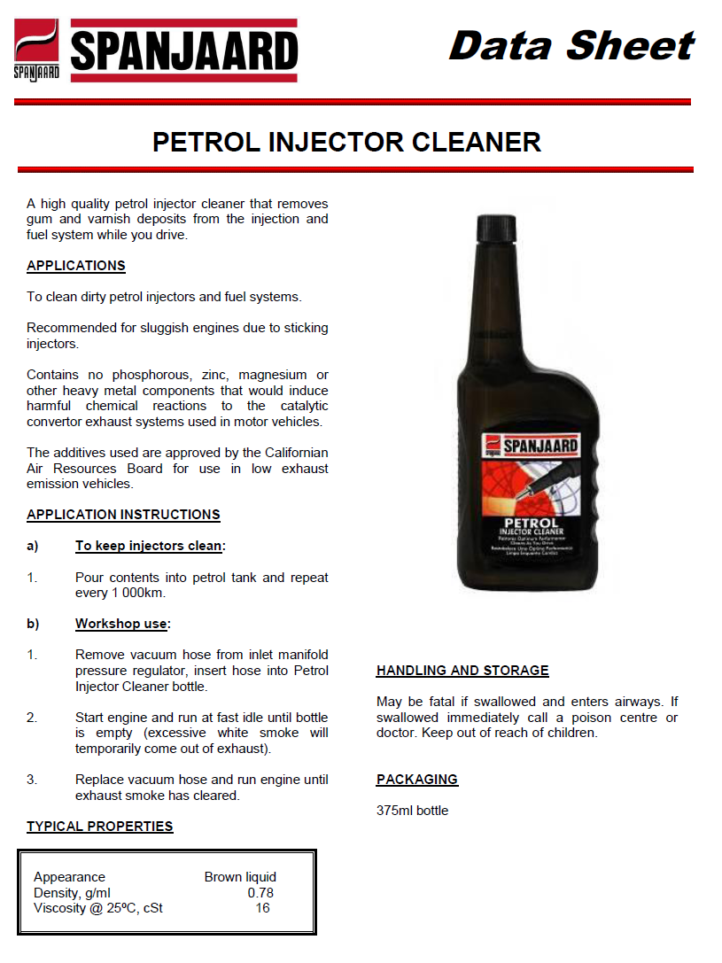 technical data sheet of fuel injector cleaner