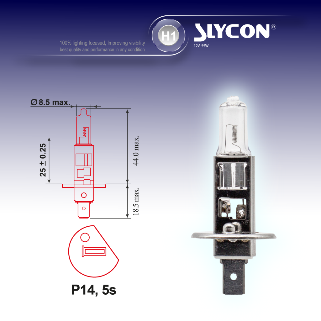Slycon Headlight Bulb H1 12V 55W for Proton Waja MMC,Ford C-Max,Honda Elantra,Sonato 2002-2010,KIA Optima,Forte