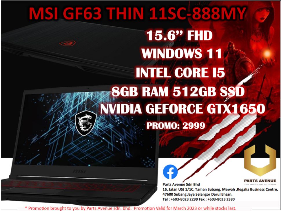 [2 Years Warranty] MSI GF63 Thin 11SC-888MY (I5-11400H, 15.6" FHD, 8GB, 512GB, GTX1650, WIN11H) Promotion & Ready Stock - Parts Avenue Sdn. Bhd.