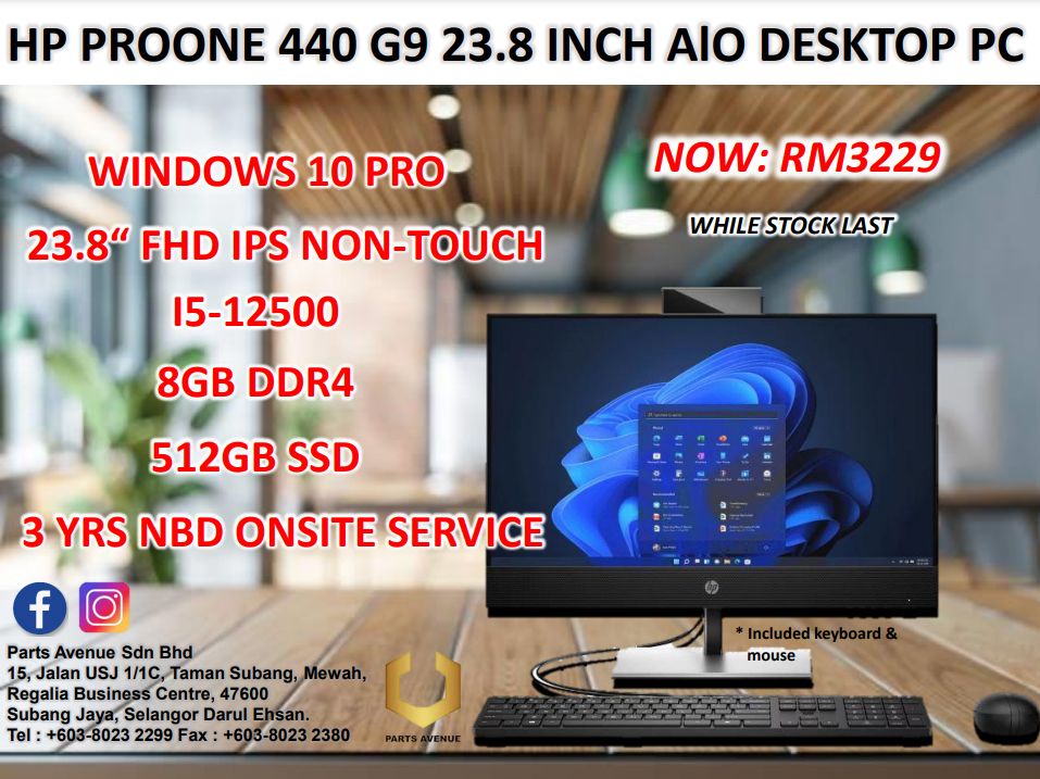 [Great Offer & Ready Stock] HP ProOne 440 G9 23.8" AIO Desktop PC (i5-12500, 512GB SSD, 8GB DDR4, Window 10 Pro) - Parts Avenue Sdn. Bhd.