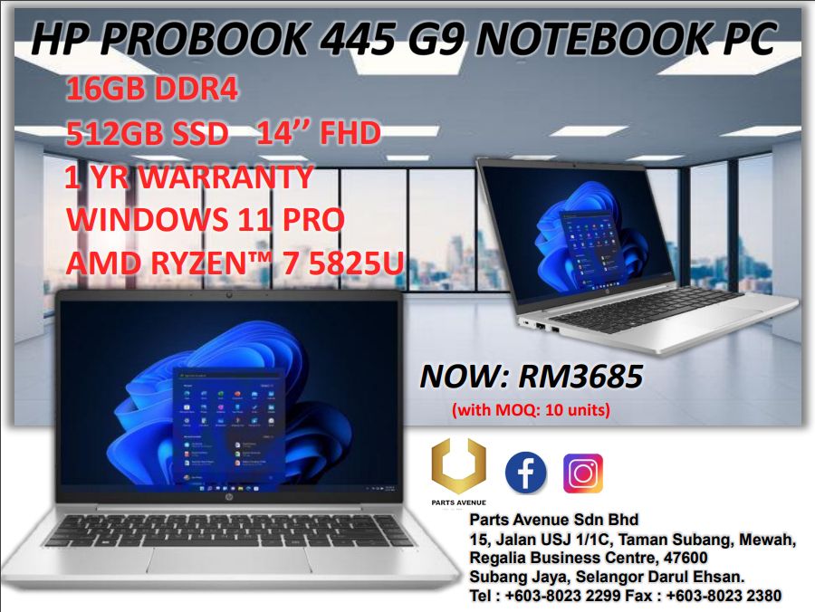 [Great Offer & Ready Stock] HP ProBook 445 G9 Notebook PC (AMD RyzenTM 7 [5825U], 512GB SSD, 16GB DDR4, 14" FHD, Window 11 Pro) - Parts Avenue Sdn. Bhd.