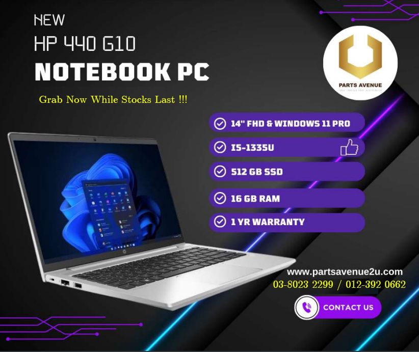[We Have Stocks with Great Offer] HP 440 G10 14" FHD Notebook (i5-1335U, 512GB SSD, 16GB RAM, Window 11 Pro & 1 Year Warranty) - Parts Avenue Sdn. Bhd