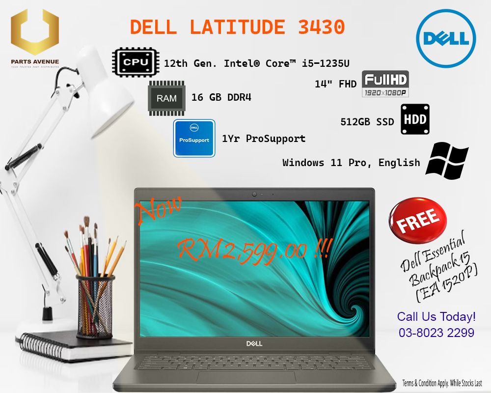 ONLY RM 2,599.00 [Great Offer & Ready Stock] DELL Latitude 3430, 14" FHD Notebook (i5-1235U 12th Gen, 512GB SSD, 16GB DDR4, Window 11 Pro & 1 Year ProSupport) - Parts Avenue Sdn. Bhd.